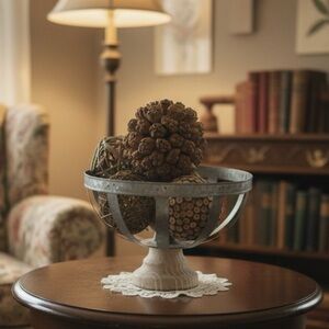 FARMHOUSE WOODEN & GALVANIZED METAL SCRAPS BOWL FILLED WITH NATURAL ORB FILLERS